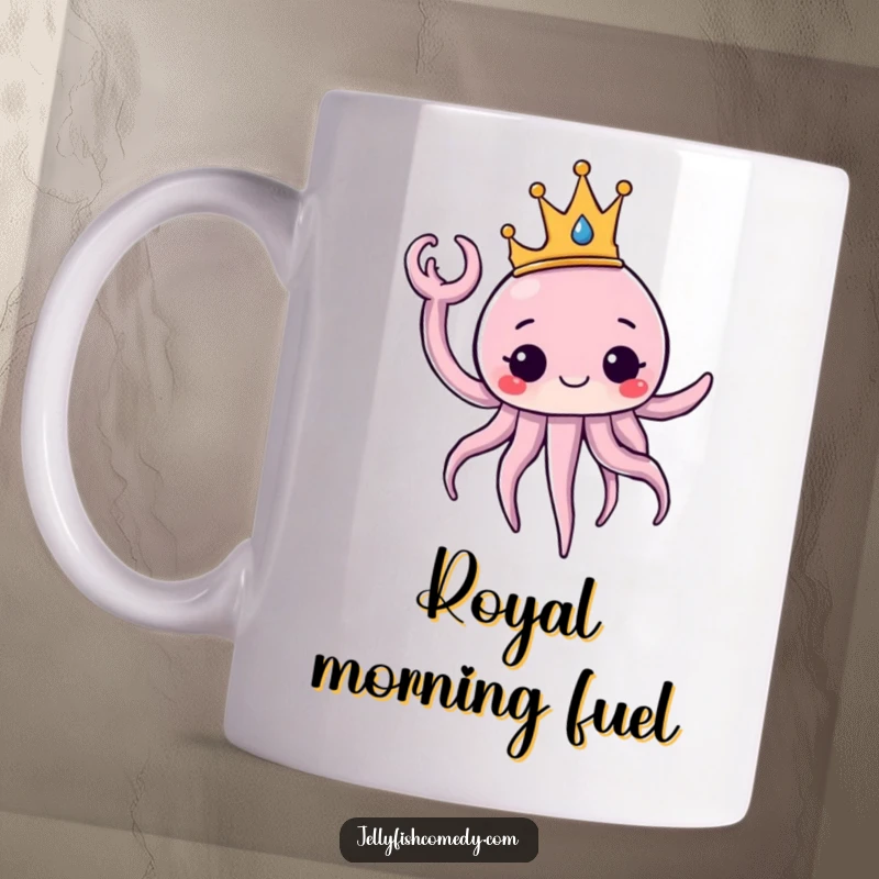 Funny Mug depicting a jellyfish wearing a golden crown, waving a tentacle regally. This design exudes royal humor.