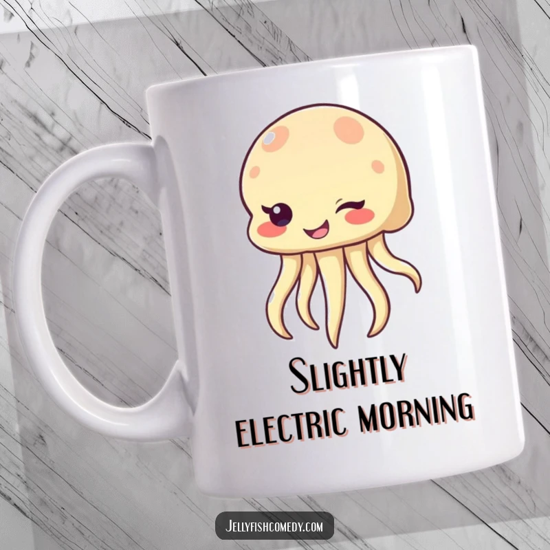 Funny winking jellyfish mug, a sea creature with a mischievous, bubbly smile, conveying playful mischief, ideal for a humorous gift.