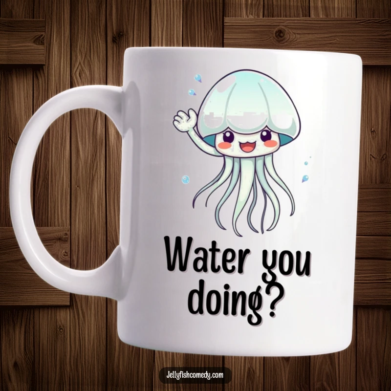 Funny waving jellyfish mug, enthusiastically splashing shimmering water, a playful marine creature design, perfect for fun gift seekers.