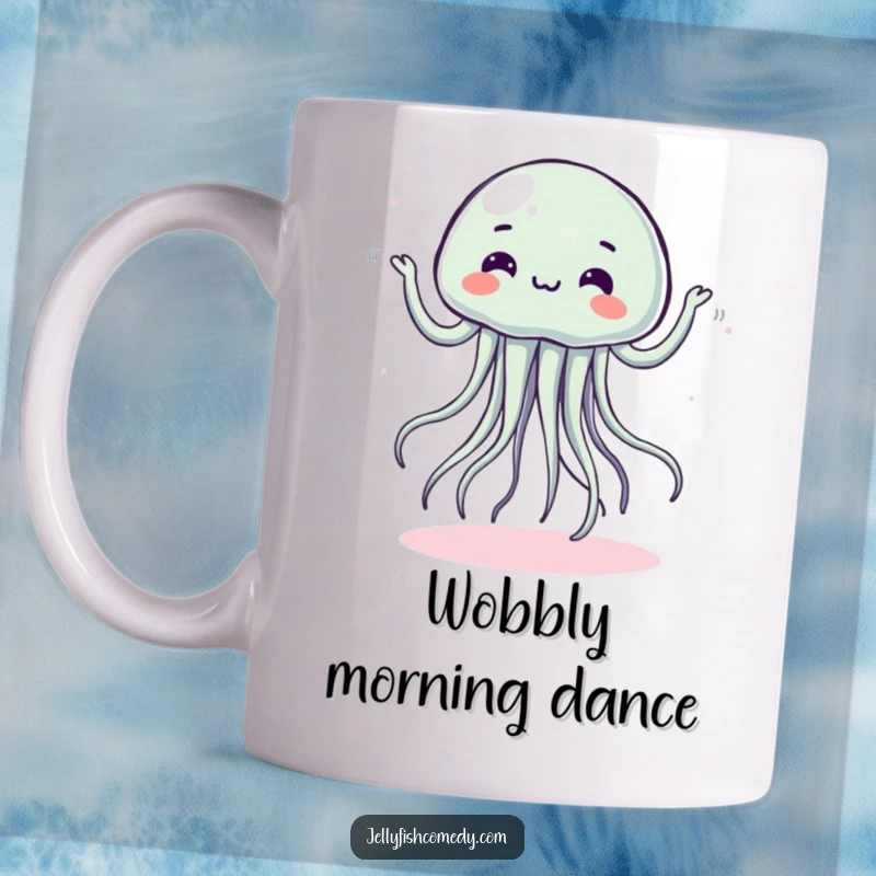 Funny mug with a cheerful jellyfish performing a silly dance with wonderfully wobbly movements.