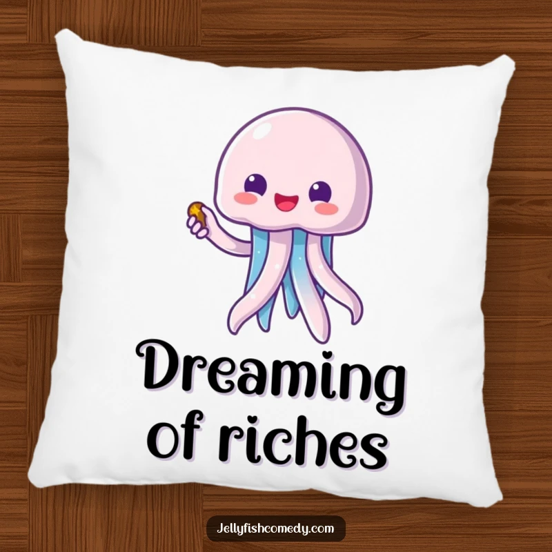 Funny kawaii jellyfish excitedly pointing to a treasure chest, soft and plush pillow for humorous home decoration.