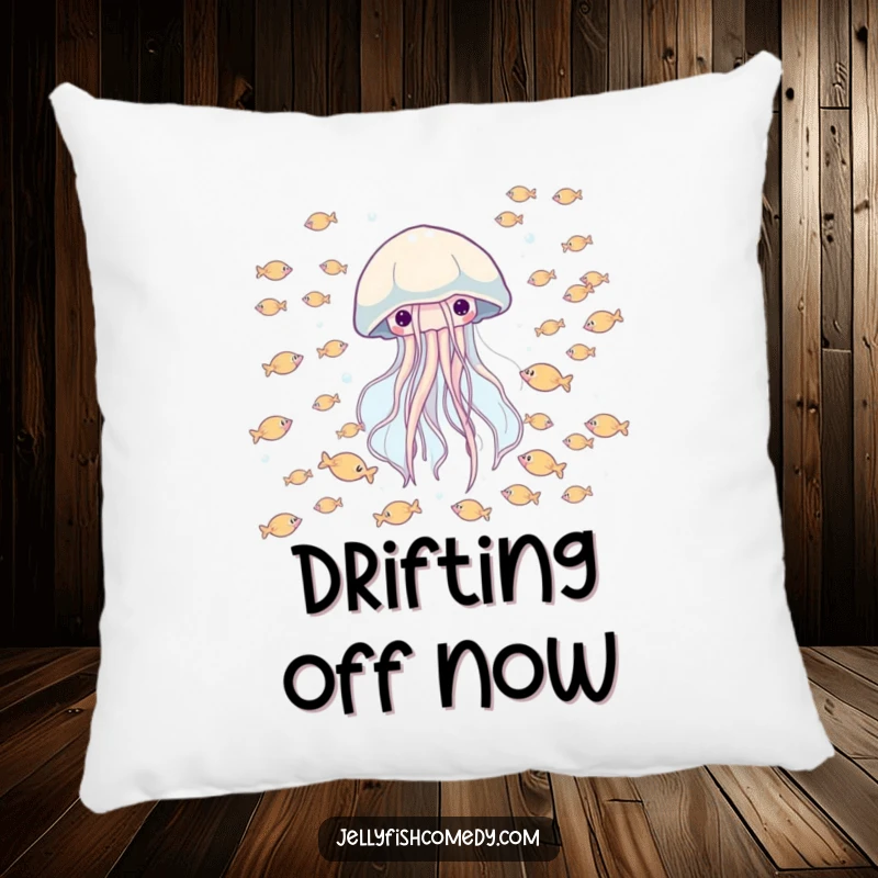 Funny pillow showcasing a happy jellyfish drifting through a school of tiny fish, offering comfort and underwater cheer.