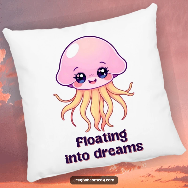 Funny Kawaii Jellyfish Pillow featuring a happy floating jellyfish with bright eyes and flowing tentacles, perfect for comfort.