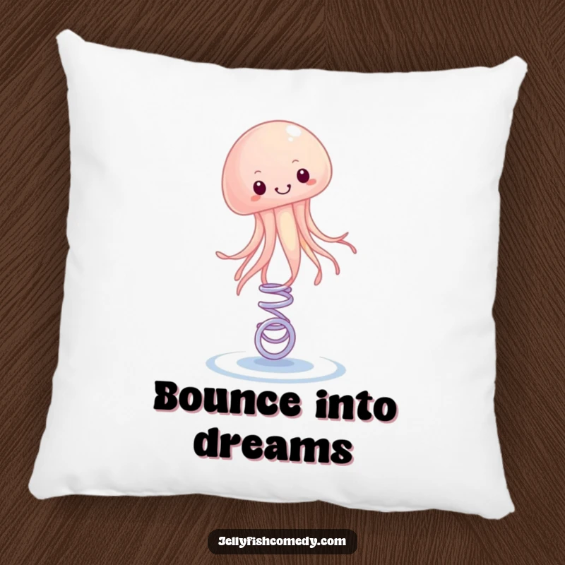Funny Pillow designed with a happy jellyfish energetically bouncing on a spring. This cushion offers soft, playful humor.