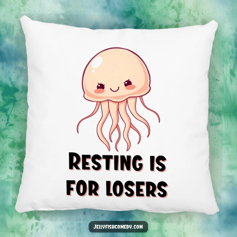 Funny determined jellyfish pillow features a jellyfish swimming with vigor, offering comforting motivational humor for relaxation.