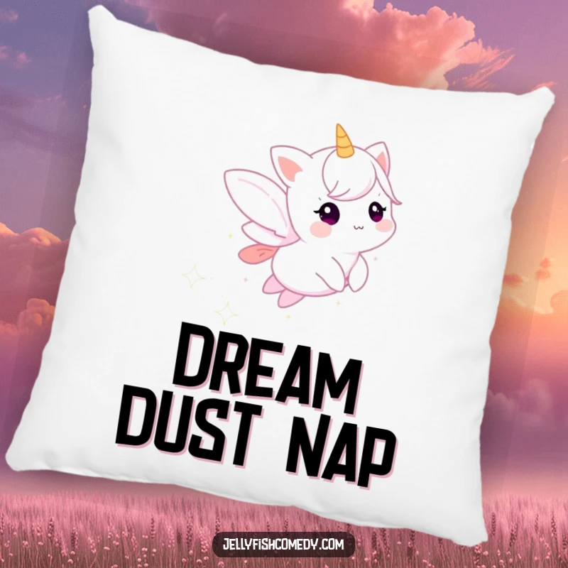 Funny pillow showcasing a small, ethereal creature trailing sparkling stardust, offering cozy comfort with a magical design.
