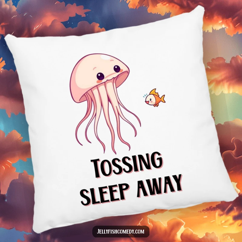 Funny pillow featuring a jellyfish playfully tossing a fish, offering cozy, fun comfort.