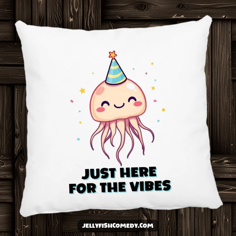 Funny jellyfish with a party hat and confetti, a soft pillow adding humor and comfort to your space.