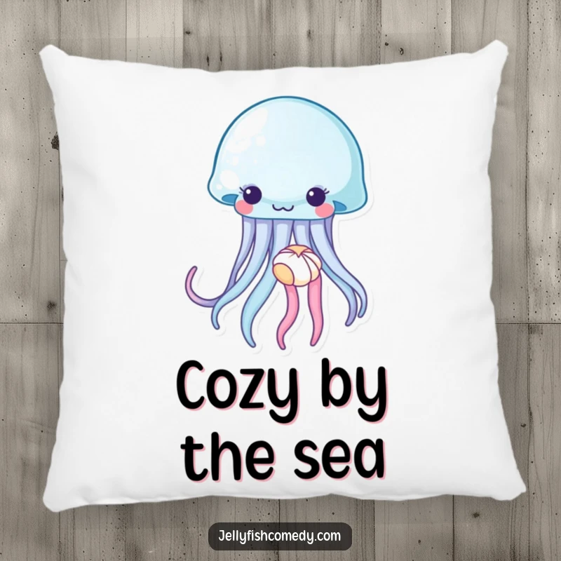 Funny jellyfish pillow, a sea creature gently holding a tiny seashell, providing soft comfort with a serene, ocean-themed touch.