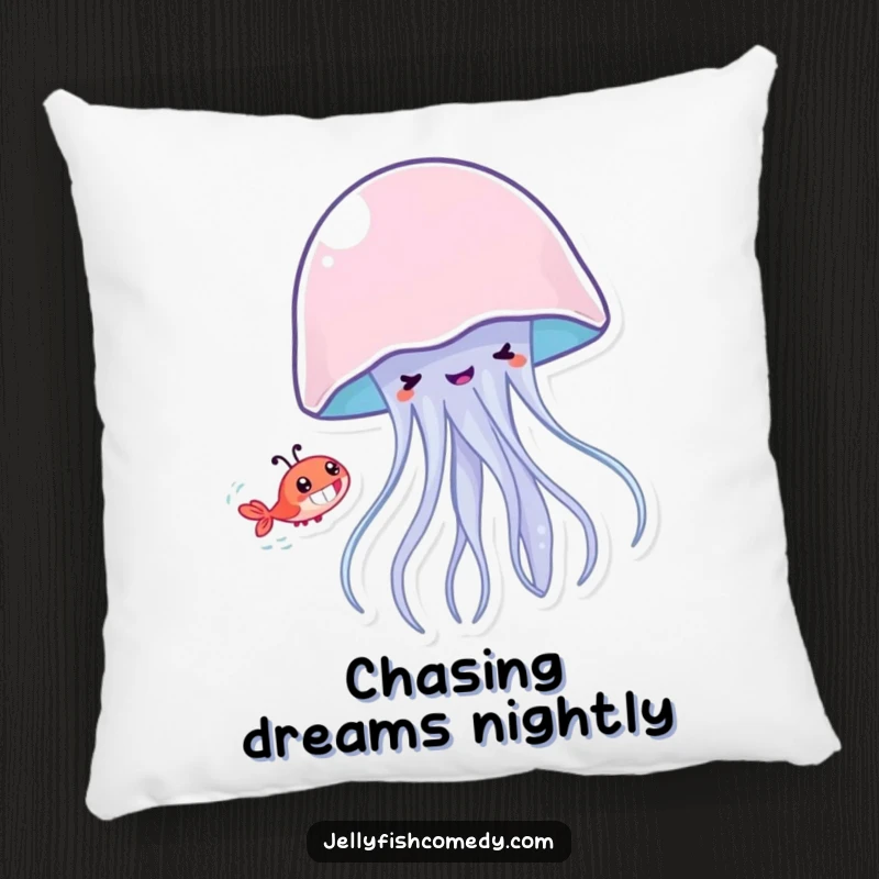 Funny jellyfish grinning while chasing a shrimp, soft pillow for adding humorous and playful charm to any room.
