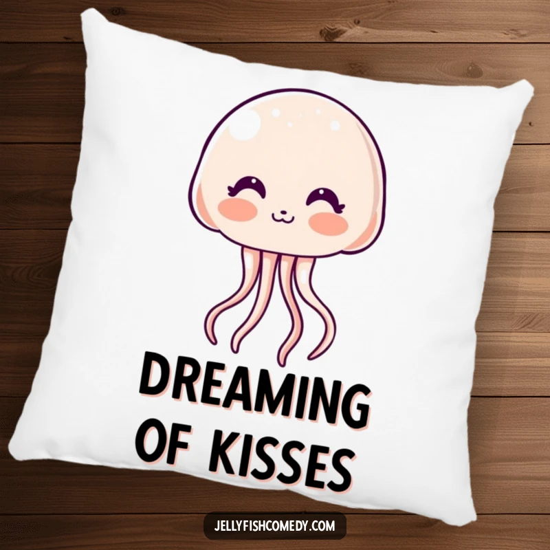 Funny Pillow: A blushing kawaii jellyfish sends a sweet kiss, offering comforting softness and undeniably cute, humorous appeal.