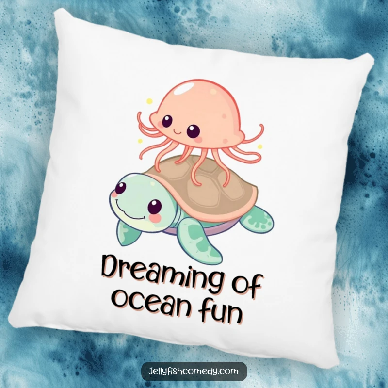Funny jellyfish playfully bouncing off a friendly sea turtle, a humorous and comfortable pillow for relaxation.