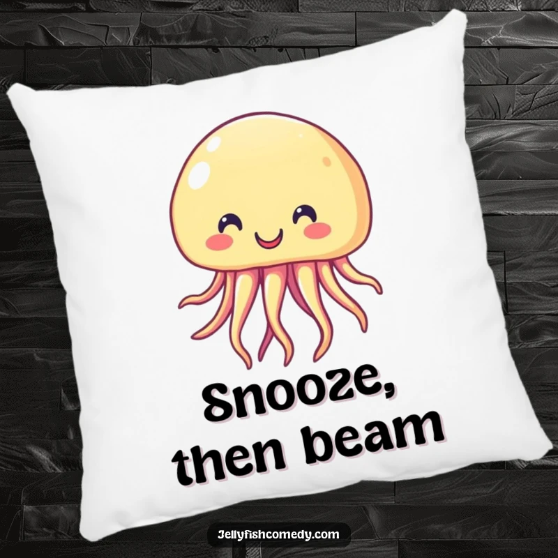 Funny Pillow with a plush design of a beaming, cheerful jellyfish smiling broadly. This cushion brings comfort and humor.