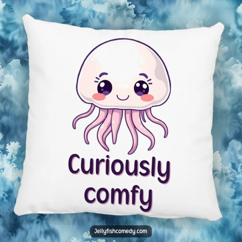 Funny joyful jellyfish pillow, showcasing a curious sea creature with wide, expressive eyes, perfect for comfort.