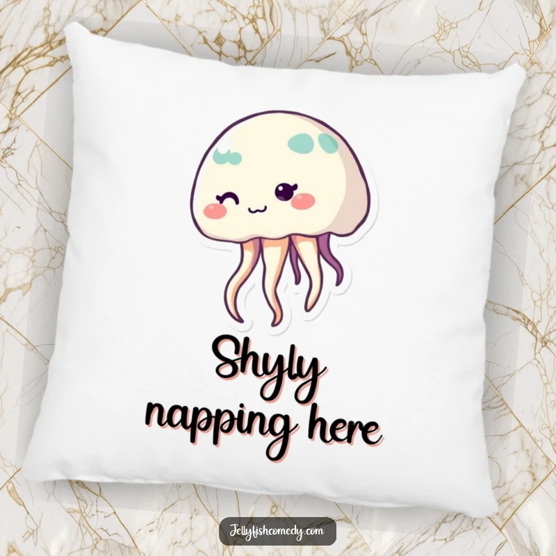 Funny shy jellyfish pillow, showcasing a cute, smiling sea creature with soft, waving tentacles, perfect for cozying up.