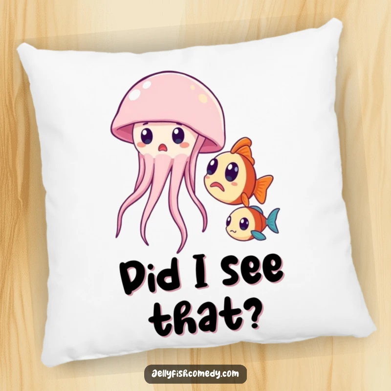 Funny pillow with a surprised jellyfish and curious fish, offering comfort and a humorous visual.
