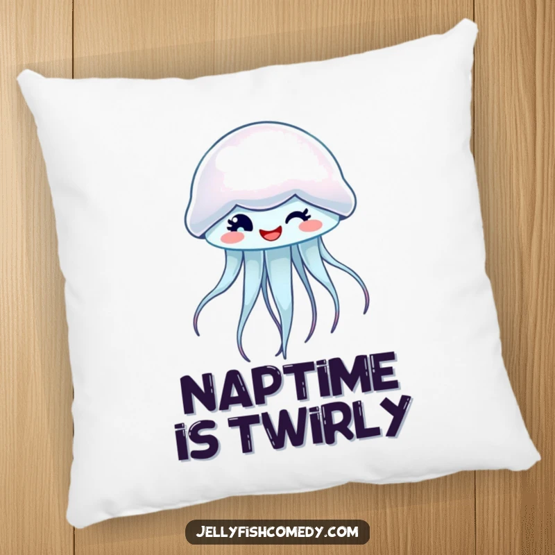 Funny pillow with a spinning, winking jellyfish, offering comfort and a playful, charming addition.