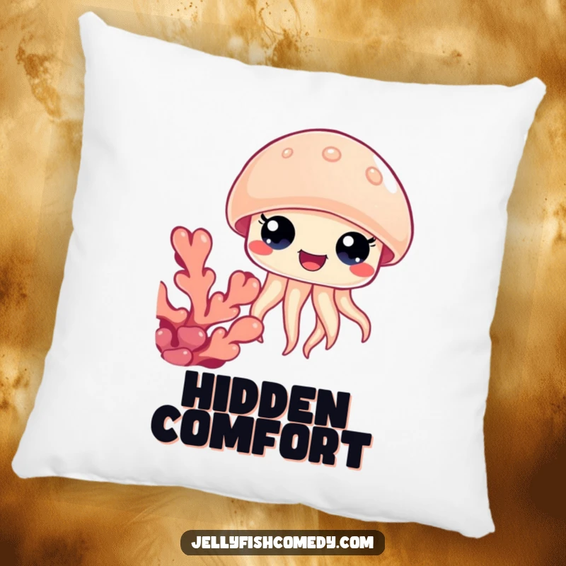 Funny jellyfish coral pillow, depicting wide happy eyes peeking from behind coral, offering soft comfort and cartoon fun.