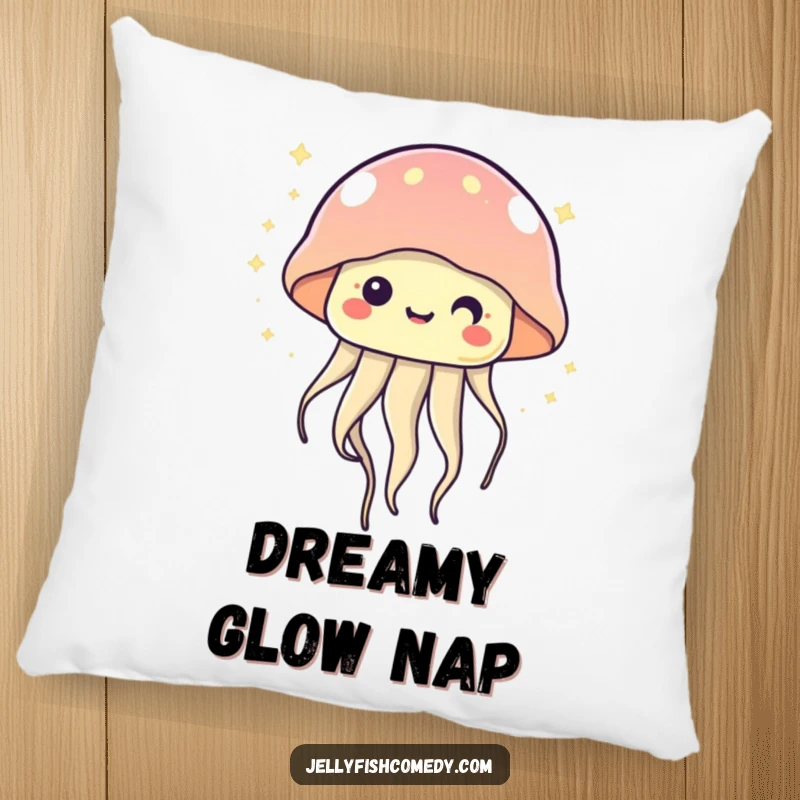 Kawaii jellyfish pillow featuring a happy, twinkling jellyfish floating gently, offering cozy comfort and a touch of underwater magic.