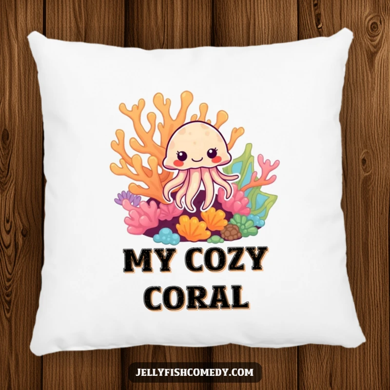 Funny Jellyfish Pillow: A cuddly cushion featuring a funny jellyfish peeking from vibrant coral, adding humor to relaxation.