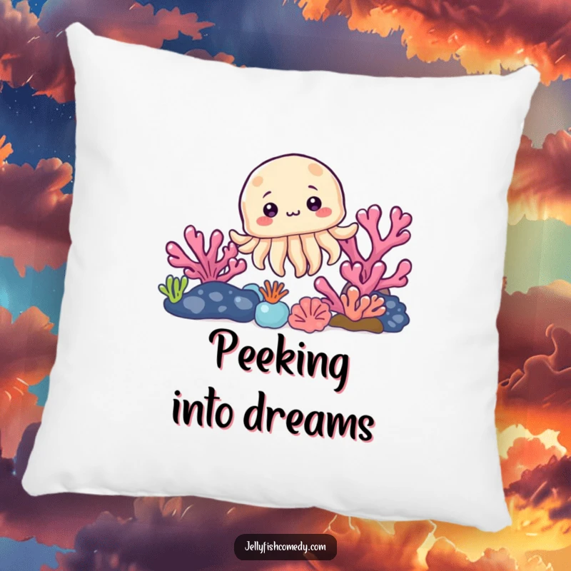 Funny and soft pillow featuring a curious jellyfish peeking from behind a colorful coral reef, adding comfort and ocean whimsy.