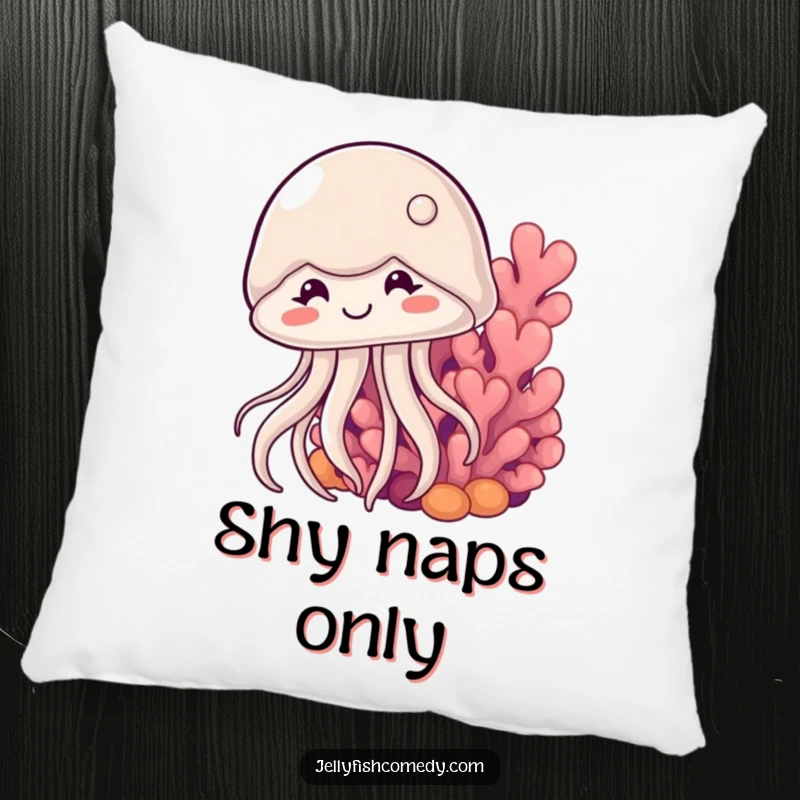 Funny shy jellyfish pillow features a sweet jellyfish smiling shyly while peeking from behind coral, offering cozy ocean humor.