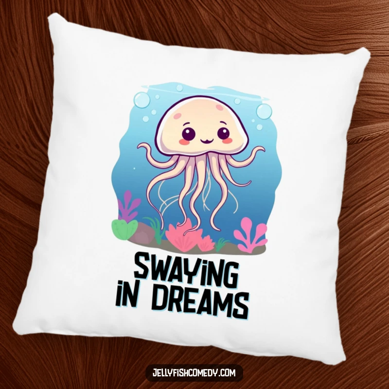 Funny pillow with a silly jellyfish dancing underwater, tentacles swirling, perfect for adding whimsical decor.