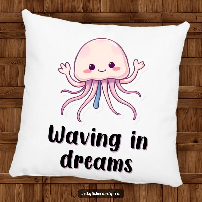 Funny jellyfish pillow with trailing tentacles cheerfully waving hello, offering comfort and a friendly underwater vibe.