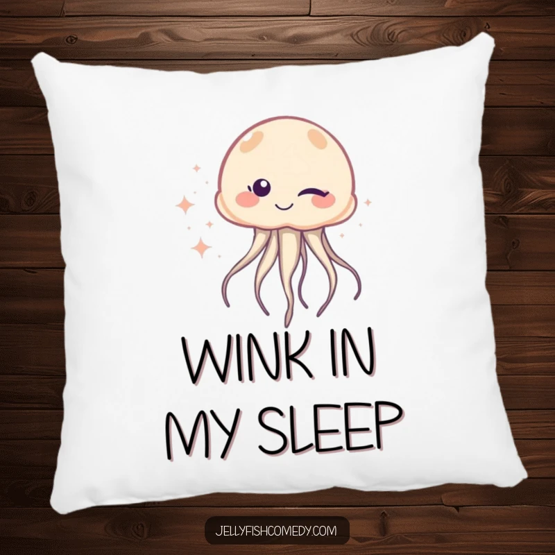 Funny Pillow: A winking jellyfish trails shimmering sparkles, offering soft comfort and a dose of mischievous, humorous appeal.