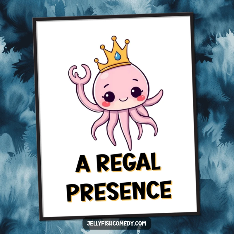 Funny Digital Art Print of a jellyfish wearing a crown and waving regally. This artwork brings majestic ocean charm.