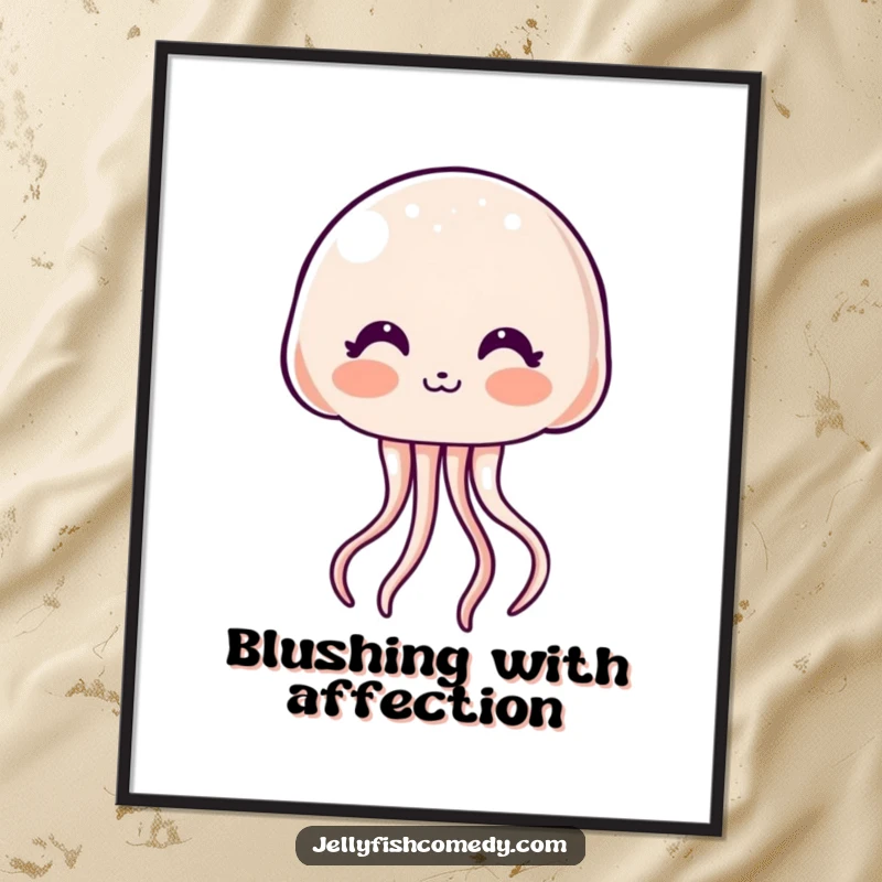 Funny Digital Art Print: A blushing kawaii jellyfish blows a kiss, exuding adorable charm and sweet, humorous appeal.