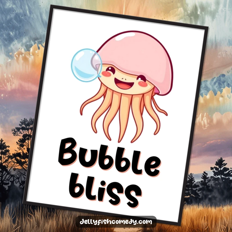 Funny grinning jellyfish digital art print shows a happy jellyfish blowing a bubble, ideal for charming wall decor.