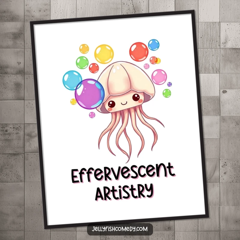 Funny Digital Art Print of a jellyfish blowing multiple colorful bubbles. This artwork brings vibrant ocean whimsy.