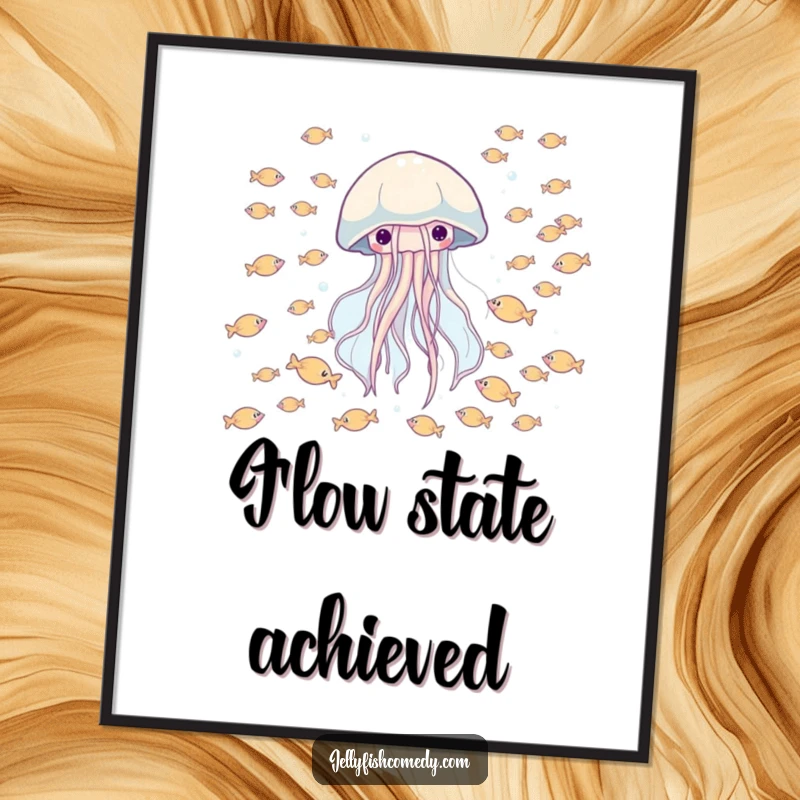 Funny digital art print of a happy jellyfish drifting through a school of tiny fish, ready for download.