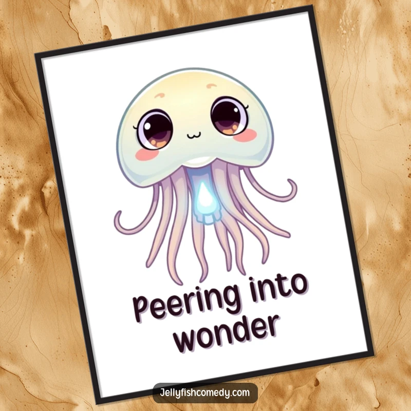 Funny jellyfish with wide, curious eyes peering at a tiny glowing plankton, a humorous digital art print.