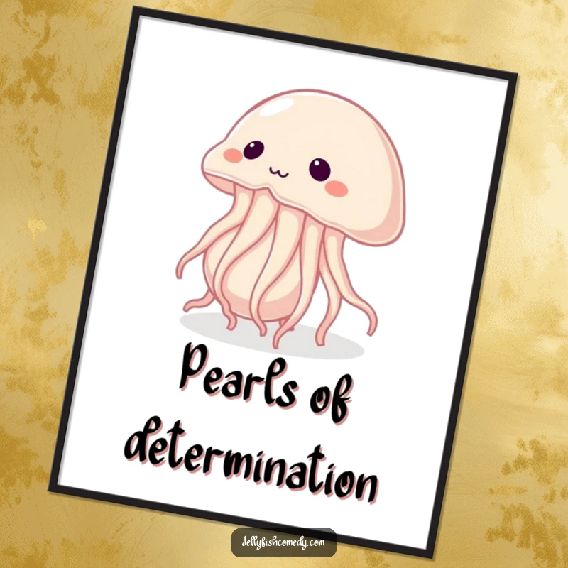 Funny digital art print of a determined jellyfish heroically pushing a giant pearl, symbolizing strength and unwavering effort.
