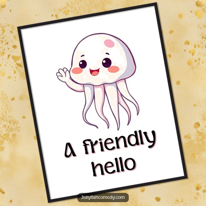 Funny cheerful jellyfish giving a gentle wave, printable digital art for humorous and welcoming wall decor.