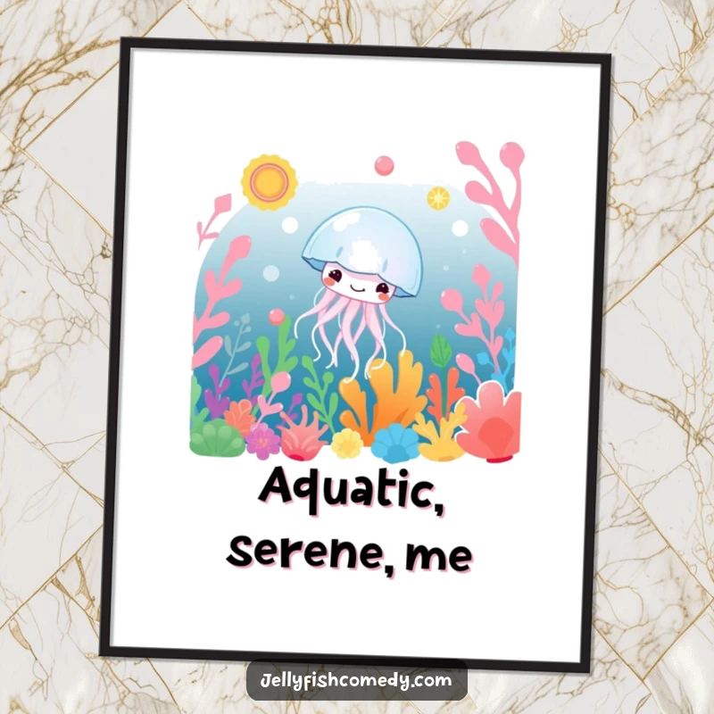 Funny Digital Art Print: A happy jellyfish drifts serenely through a vibrant underwater garden, offering peaceful humor and beauty.