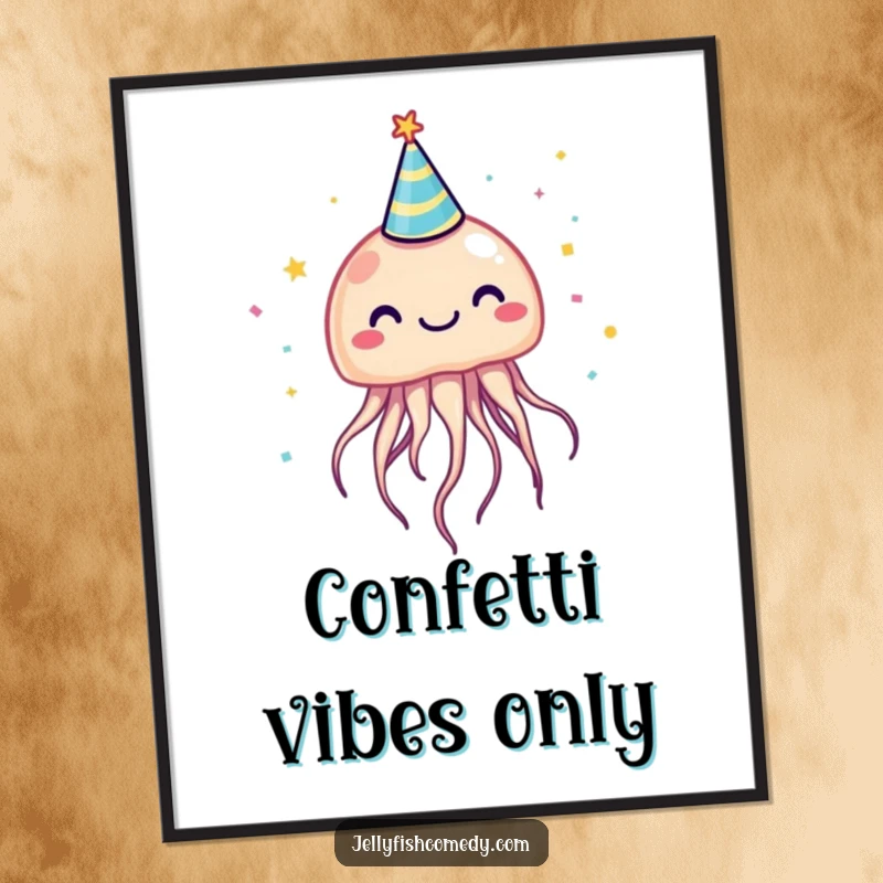 Funny jellyfish in a party hat with confetti, wall art print for instant humorous decoration.