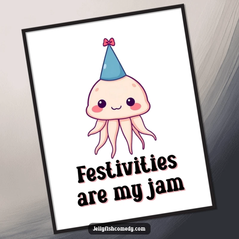 Funny digital art print of a silly jellyfish wearing a tiny party hat, bringing instant cheer and whimsical vibes to any space.
