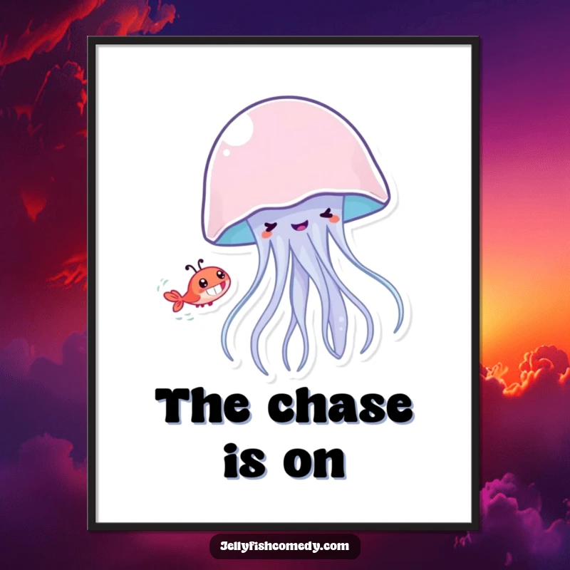 Funny jellyfish with a grin playfully chasing a shrimp, printable digital art for humorous ocean-themed wall decor.