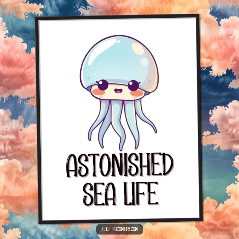 Funny Kawaii jellyfish digital art print of a sea creature with a comically surprised expression. Instant download for humorous decor.