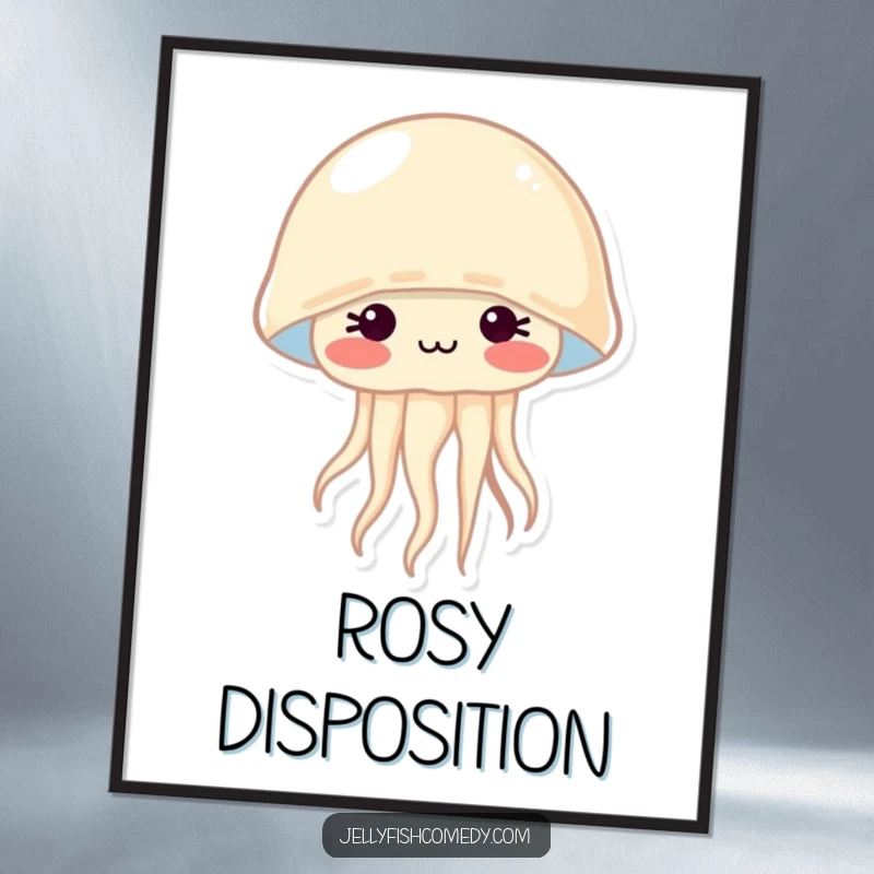 Funny digital art print of a shy jellyfish blushing with rosy cheeks, bringing instant cuteness and heartwarming charm.