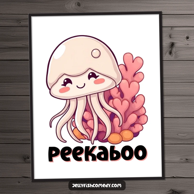 Funny shy jellyfish digital art print shows a cute jellyfish smiling shyly behind coral, ideal for charming wall decor.