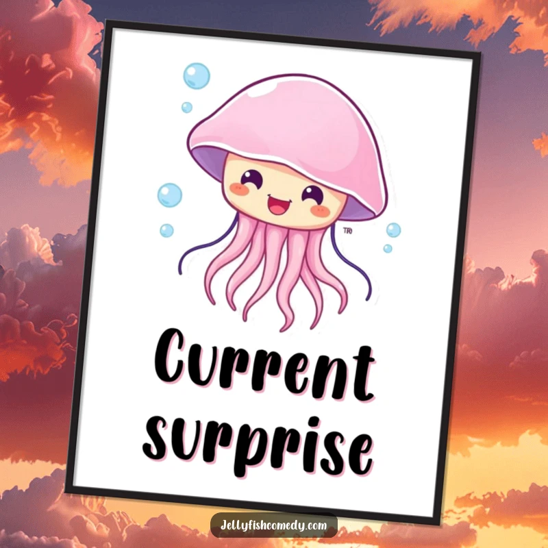 Funny surprised jellyfish digital art, showcasing a happy sea creature with wide eyes, being carried by a current.