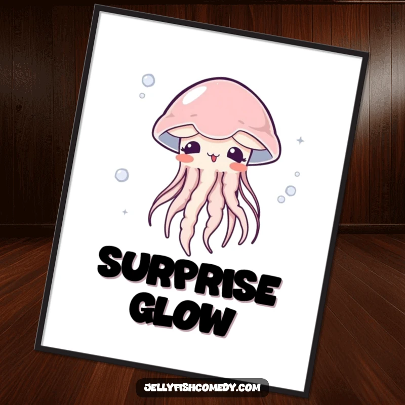 Funny surprised jellyfish digital art print shows a blushing jellyfish caught in a current, ideal for charming wall decor.