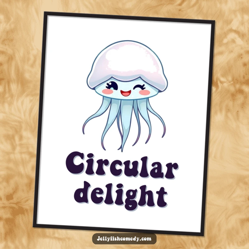 Funny digital art print of a spinning, winking jellyfish, perfect for adding playful charm to decor.