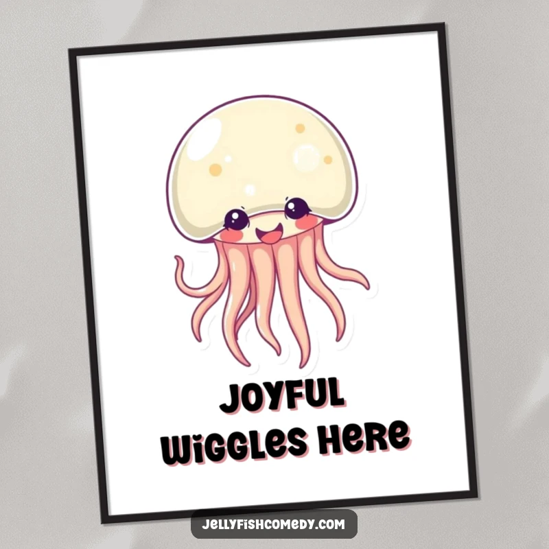 Funny Kawaii jellyfish digital art print of a gleeful creature with animated, wiggling tentacles. Instant download for humorous decor.