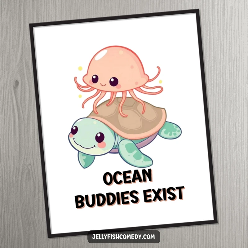 Funny jellyfish playfully bouncing off a friendly sea turtle, a humorous digital art print for fun decor.