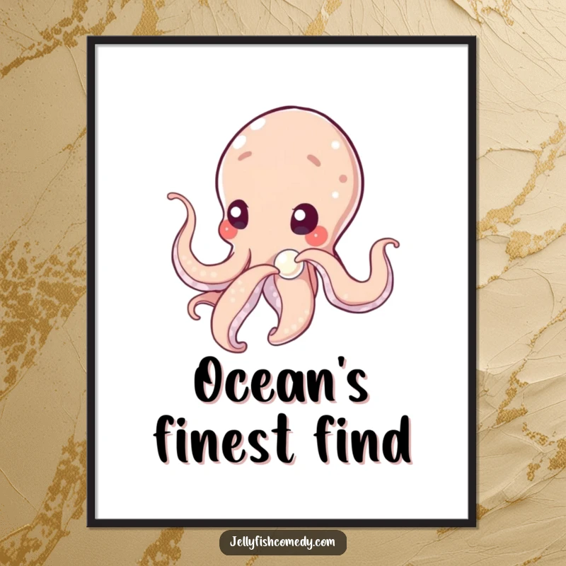 Funny tentacled being gently nudging a shimmering pearl with curiosity, a serene and thoughtful digital art print for instant decor.